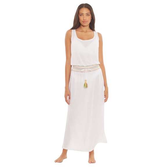 Soluna NWT White Maxi Dress Swim Coverup Large Smocked Embroidered Tassel Boho